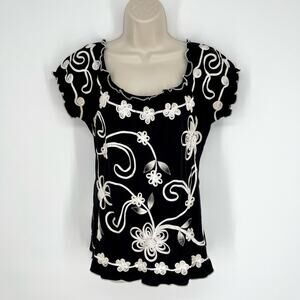 Lauren Michelle Women's Short Sleeve Floral Textured Top Size S Black White